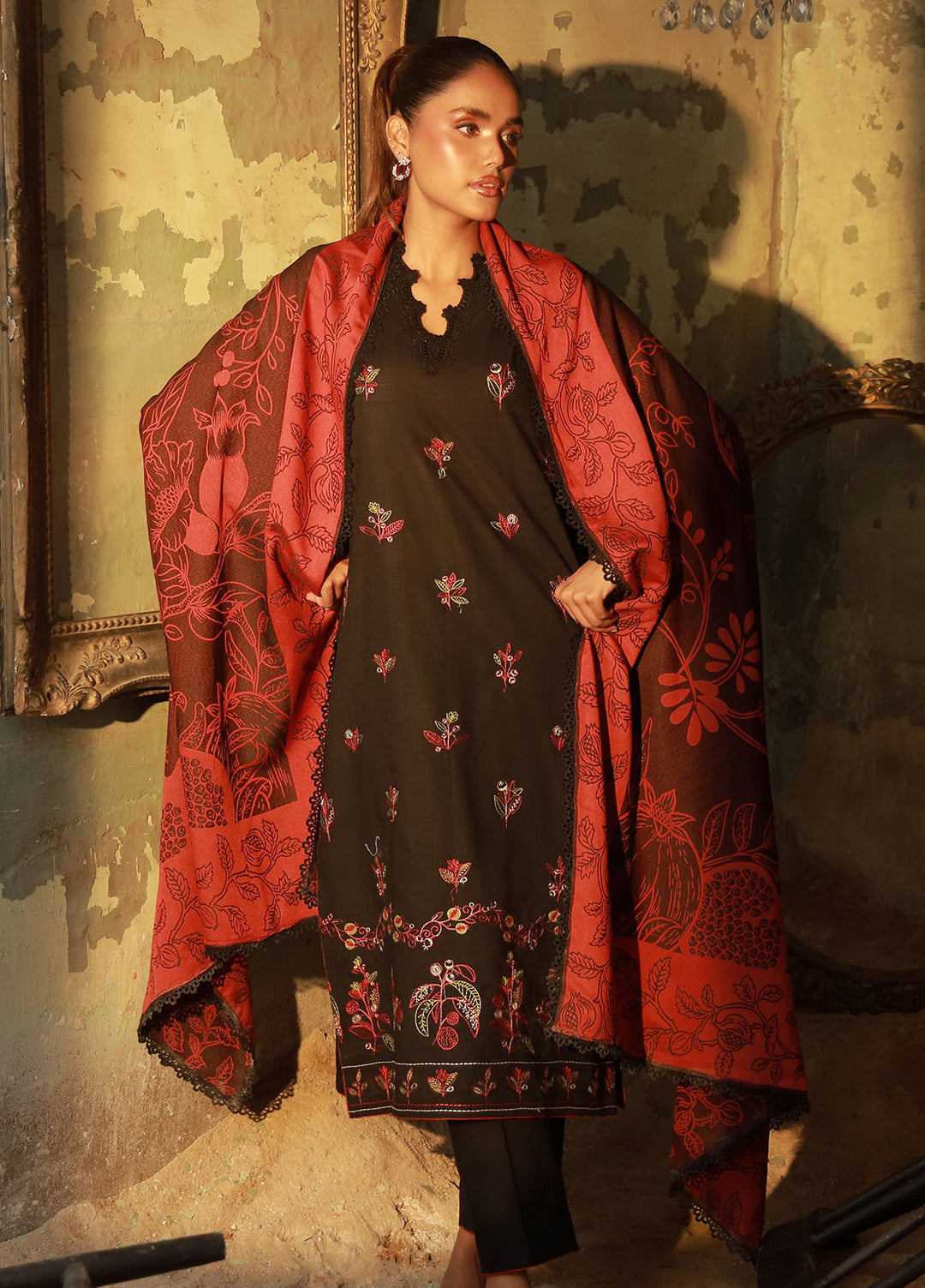 Sahar Embroidered Cross Hatch Suits Unstitched 3 Piece SHR25FU AW1-25-12 Scarlet Eclipse - Winter Collection