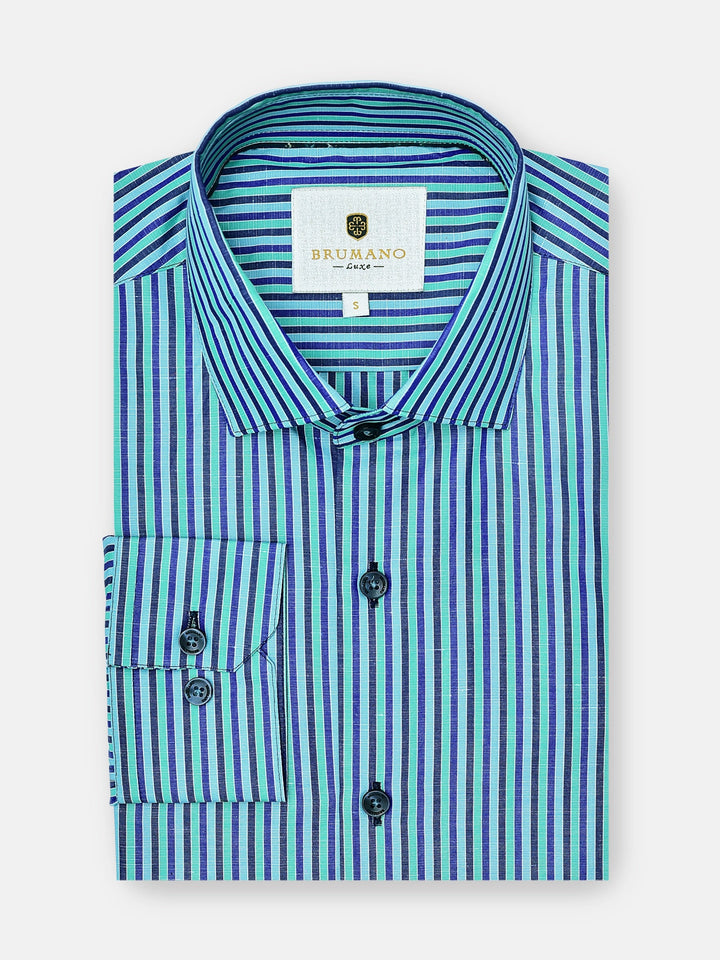 Brumano Ready To Wear Shirts Men 1 Piece Cotton Sea Green Striped Linen Blended Formal Shirt 0-32-024-3306 - Summer Collection