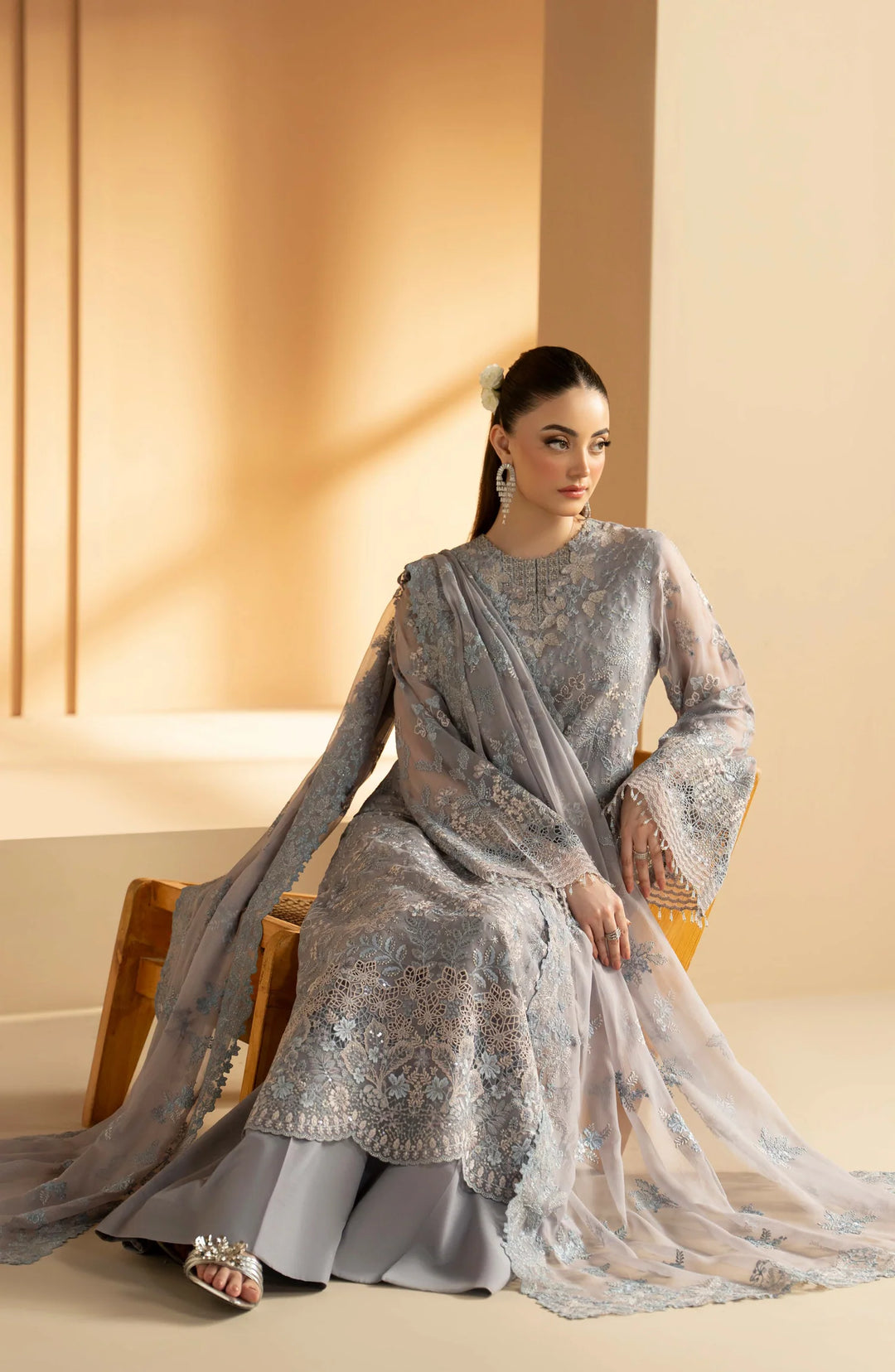 Purkashish by Lavish Premium Unstitched Embroidered Chiffon 3 Piece Suit LVP26UCP Silver Sage D-01 - Wedding Collection