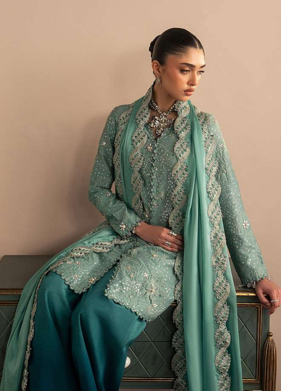 Royal Lumiere by Sadaf Fawad Unstitched Embroidered Raw Silk 3 Piece Suit AQUA ECLAT - Festive Collection
