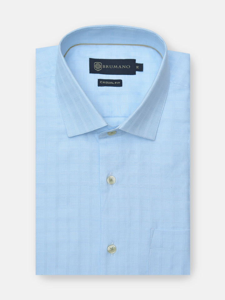 Brumano Ready To Wear Shirts Men 1 Piece Cotton Sky Blue Check Patterned Formal Shirt 0-31-024-2077 - Summer Collection