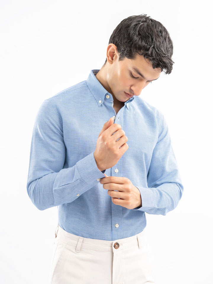 Brumano Ready To Wear Shirts Men 1 Piece Cotton Sky Blue Houndstooth Patterned Linen Shirt 0-31-025-4530 - Summer Collection