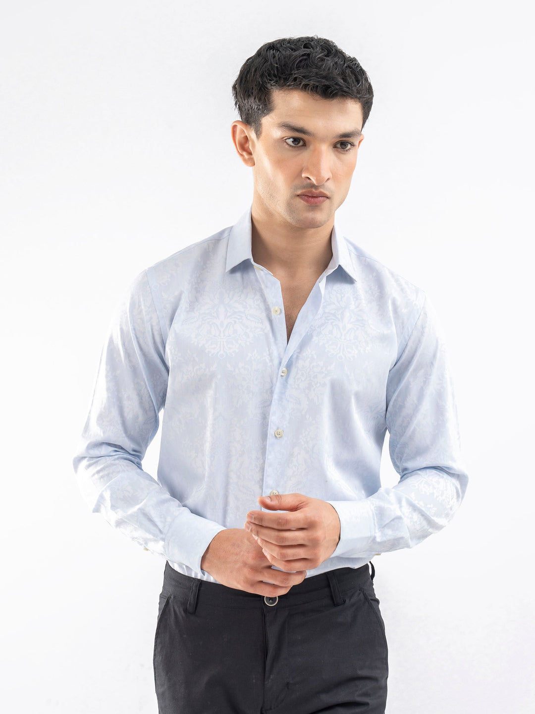 Brumano Mens RTW Solids Cotton Shirt Sky Blue Jacquard Patterned Casual Collection