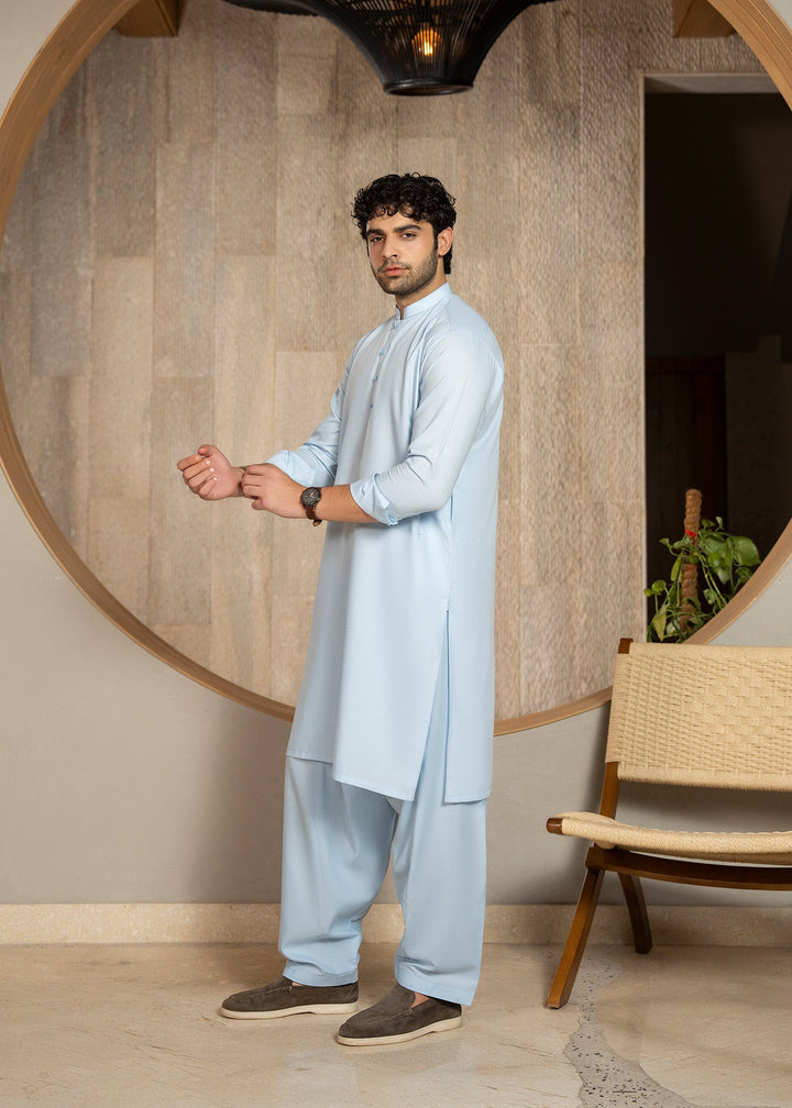 Buraq Men RTW Solids Wash N Wear Kurta Shalwar Suit Sky Blue Casual Collection