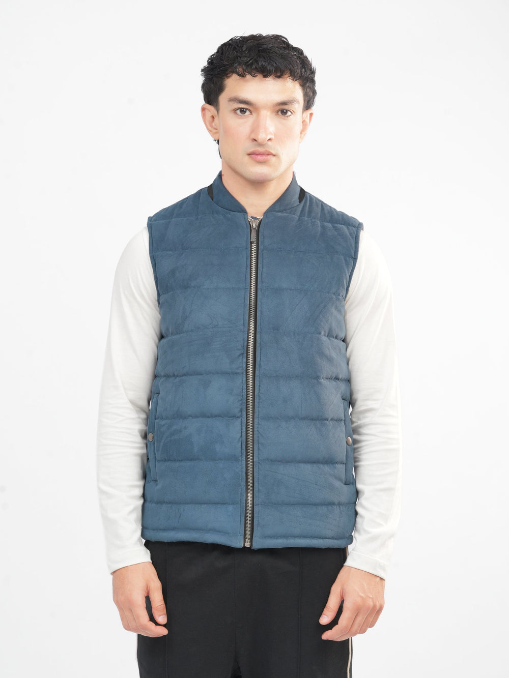 Brumano Mens RTW Solids Poly Jacket Slate Blue Sleeveless Winter Collection