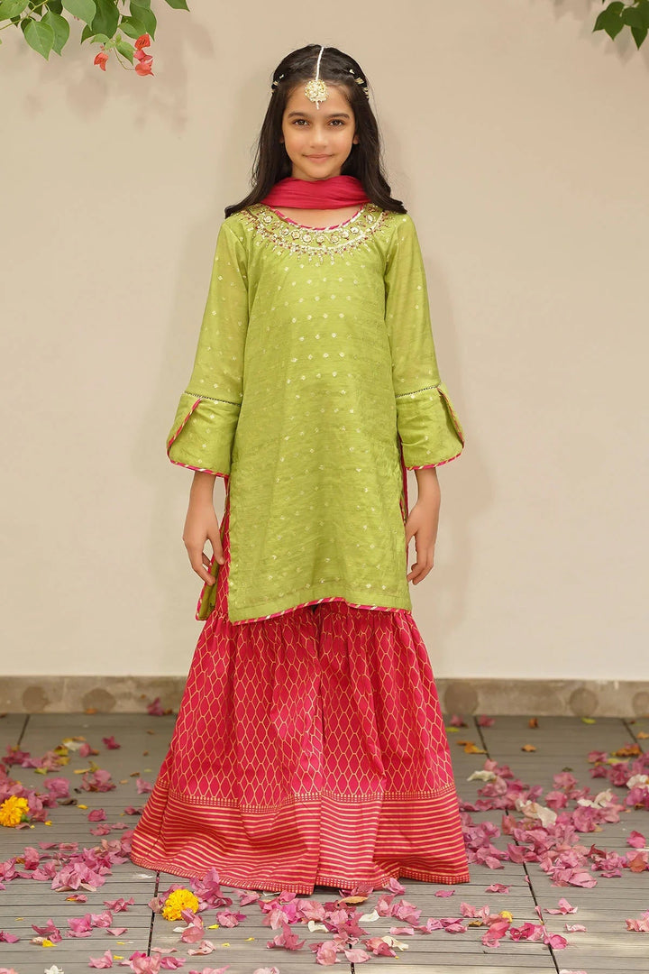 Ochre RTW Embroidered Girls 3 Piece Slub Manar Hand Adda Work MHD-07 - Summer Collection