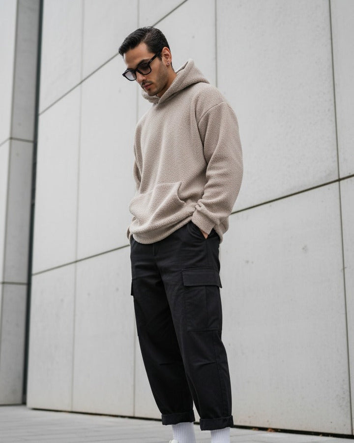 Muraqsh Ready To Wear Solids Fleece Men Beige Sherpa Hoodie Relaxed Fit ABD-BSH-R - Winter Collection