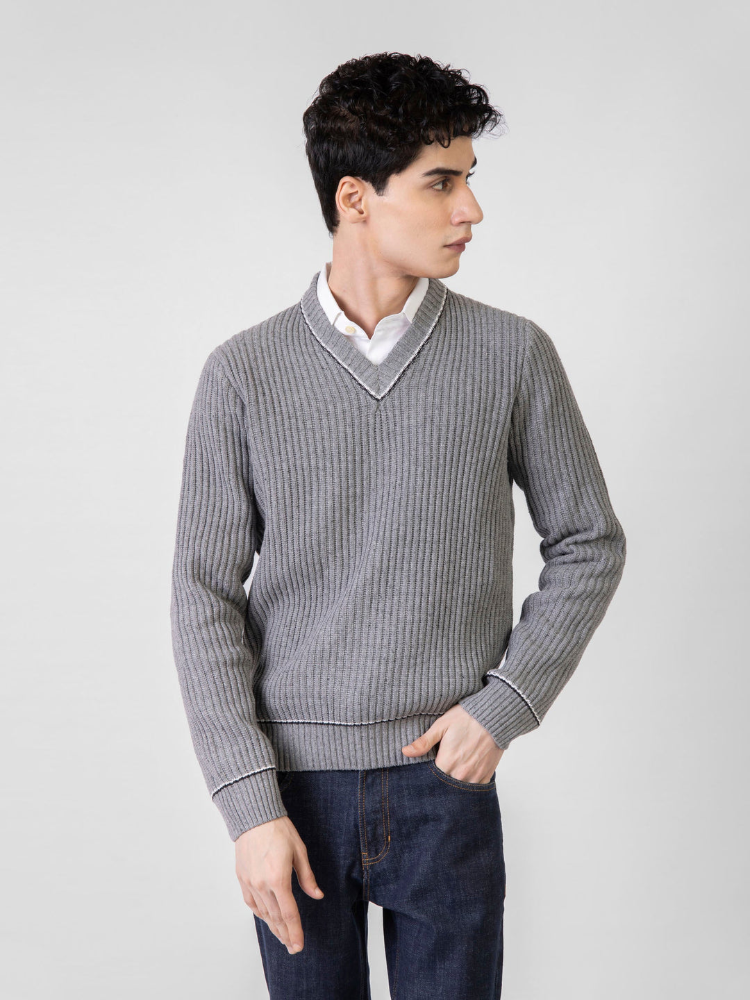 Brumano Ready to Wear Men Cotton Steel Grey Chunky Knitted V-Neck Sweater 0-21-024-3433-D-03 - Winter Collection