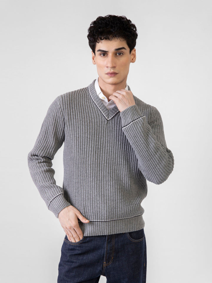 Brumano Ready to Wear Men Cotton Steel Grey Chunky Knitted V-Neck Sweater 0-21-024-3433-D-03 - Winter Collection