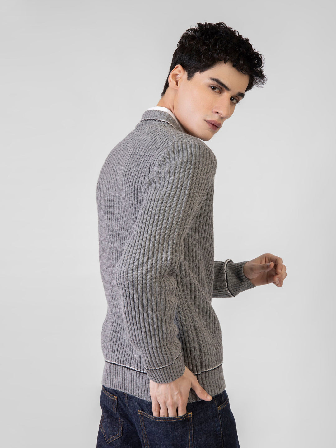 Brumano Ready to Wear Men Cotton Steel Grey Chunky Knitted V-Neck Sweater 0-21-024-3433-D-03 - Winter Collection
