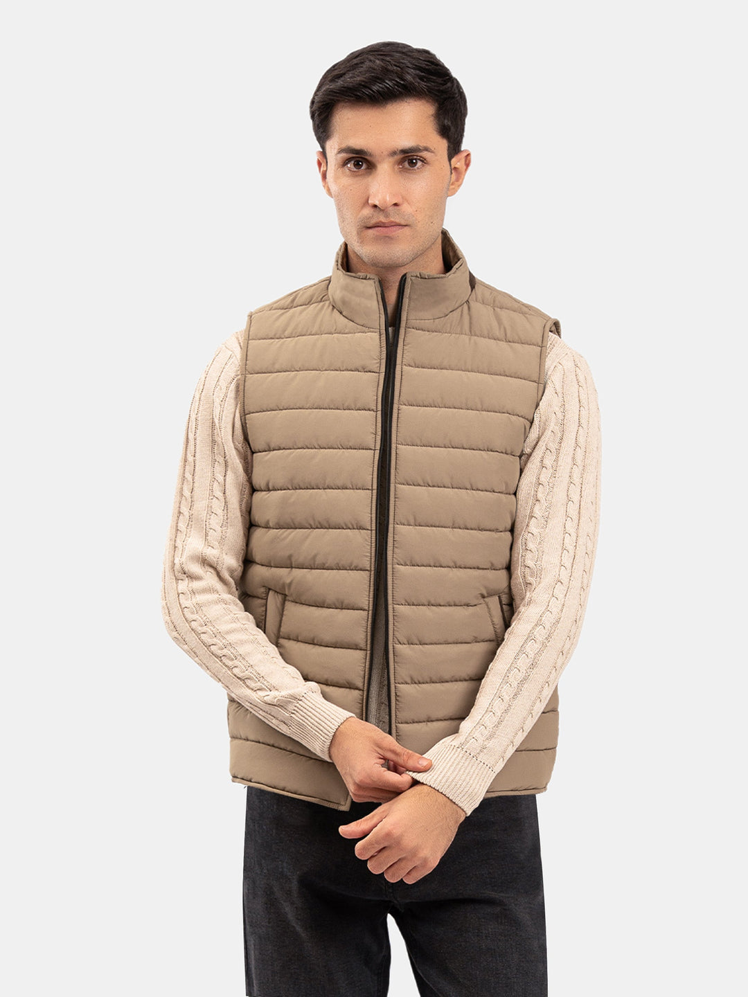 Brumano Mens RTW Solids Poly Jacket Suit Tan Brown Puffer With Leather Detailing Winter Collection