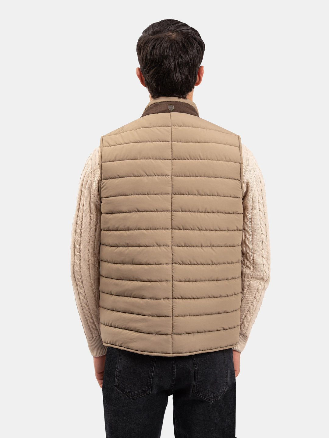Brumano Mens RTW Solids Poly Jacket Suit Tan Brown Puffer With Leather Detailing Winter Collection