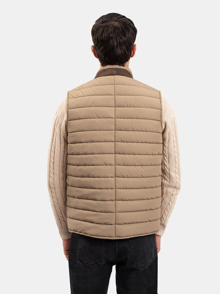 Brumano Mens RTW Solids Poly Jacket Suit Tan Brown Puffer With Leather Detailing Winter Collection