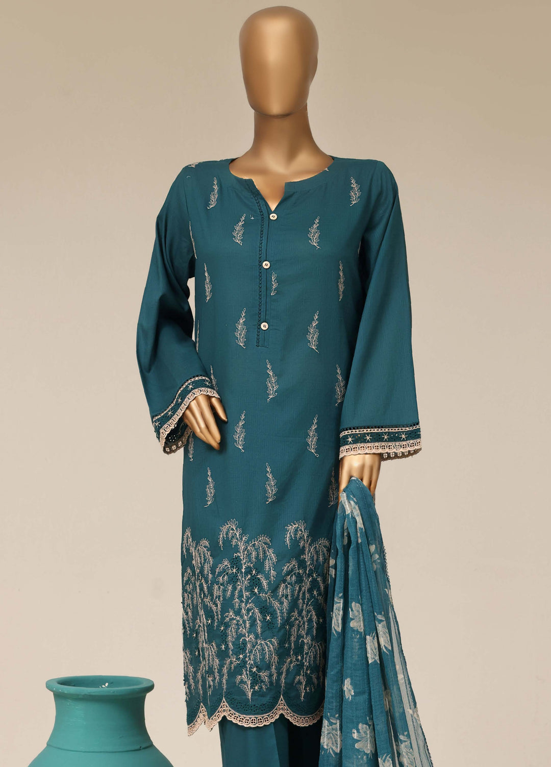 HZ Textiles RTW Chikankari Lawn 3 Piece Suit HZ26PCL TEAL GARDEN SBE-3P-077 - Casual Collection