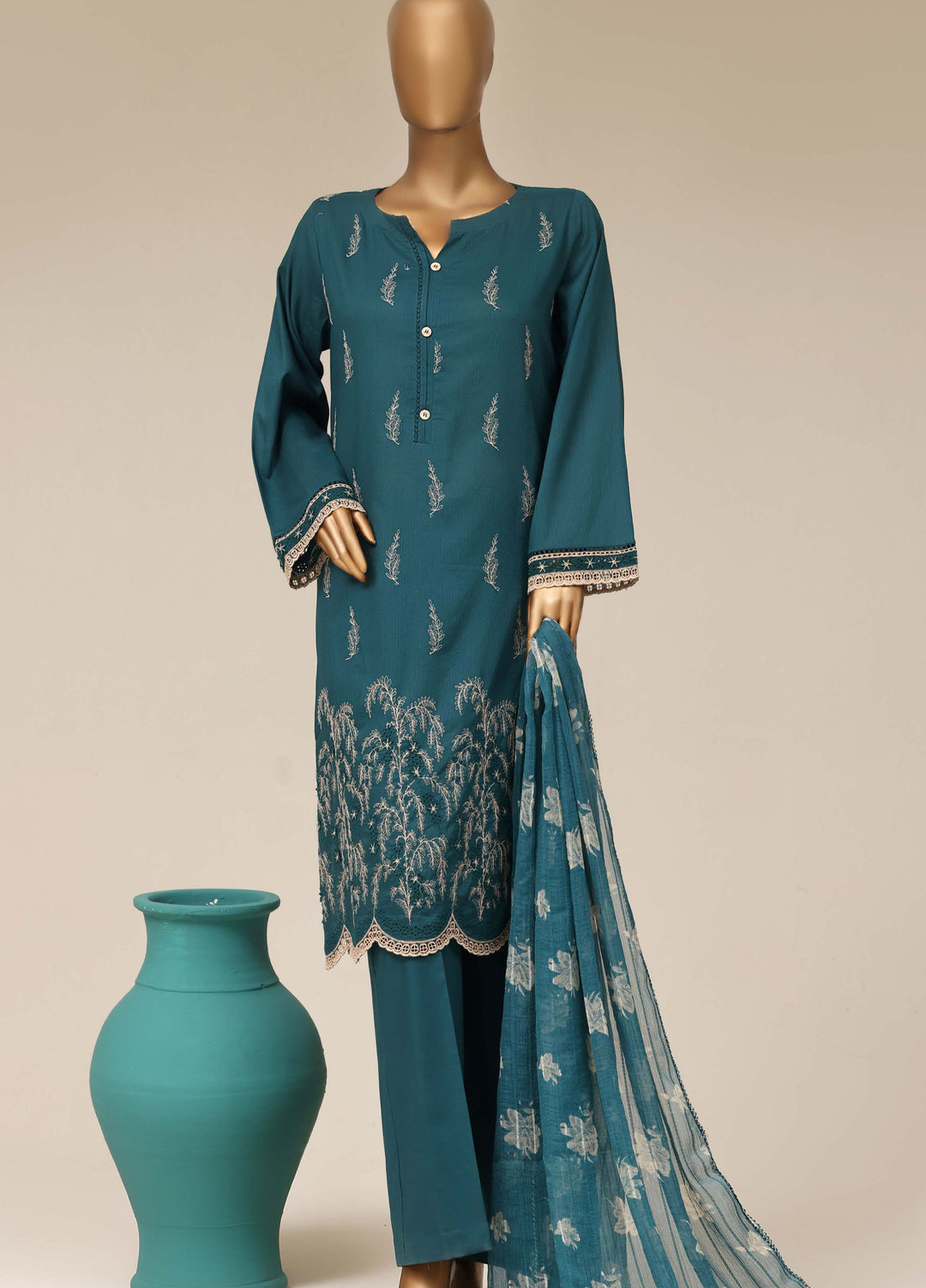 HZ Textiles RTW Chikankari Lawn 3 Piece Suit HZ26PCL TEAL GARDEN SBE-3P-077 - Casual Collection