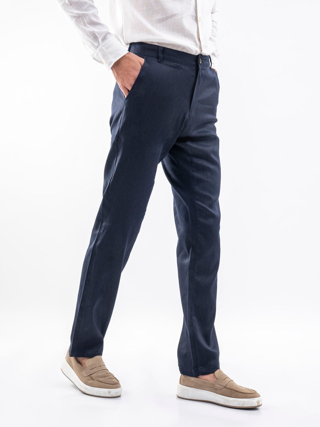Brumano Mens Pants RTW Solids Cotton Navy Blue Linen Chinos Casual Collection
