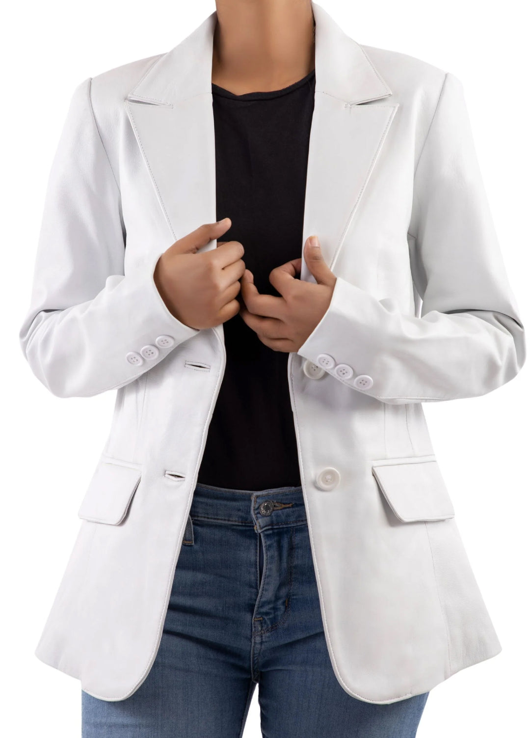 Jild Leathers Classic 2-Button Lambskin Leather Blazer Women-White - Blazers And Coats Collection