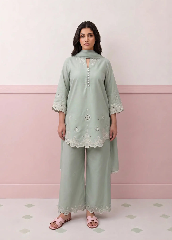 Scherezade Women RTW Embroidered Lawn Cotton 3 Piece Suit MATCHA - Casual Collection