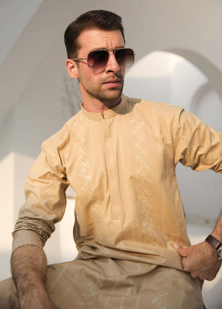 Muraqsh Ready To Wear   Men Ivory Skin Cotton Embroidered Kurta Trouser MUR-ISECK - Summer Collection