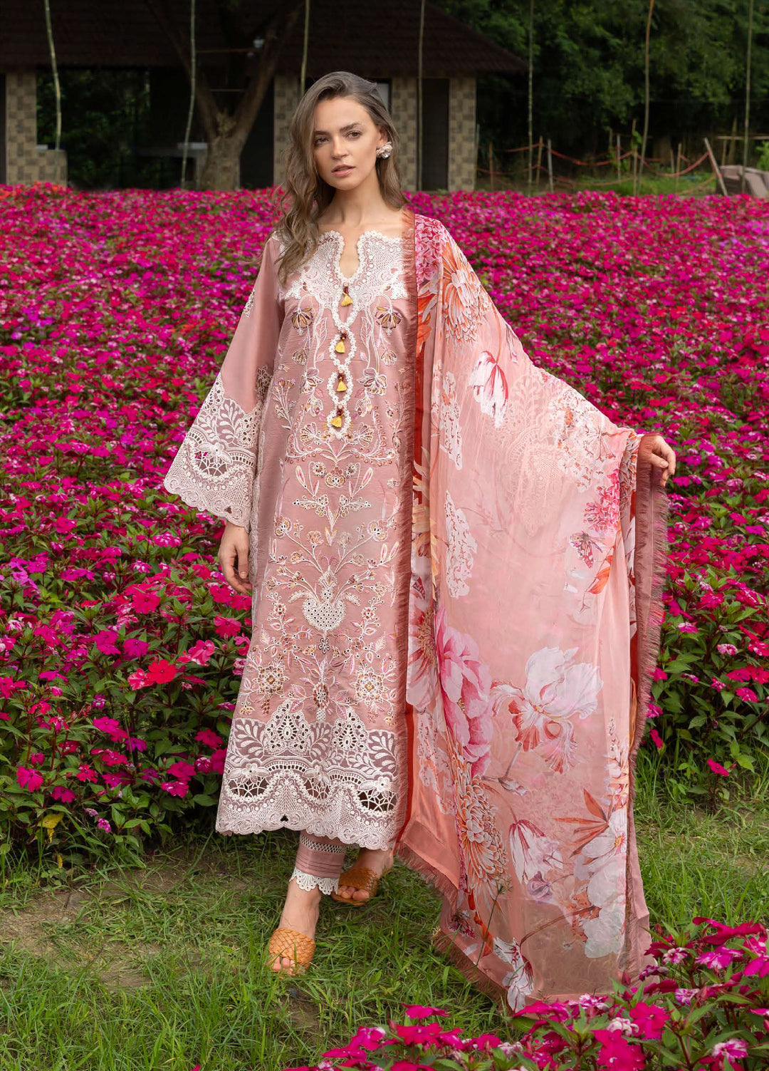 The Secret Garden by Mushq Hemline Unstitched Lawn 3 Piece Suit MU26USG D-16A Peach Blossom - Summer Collection