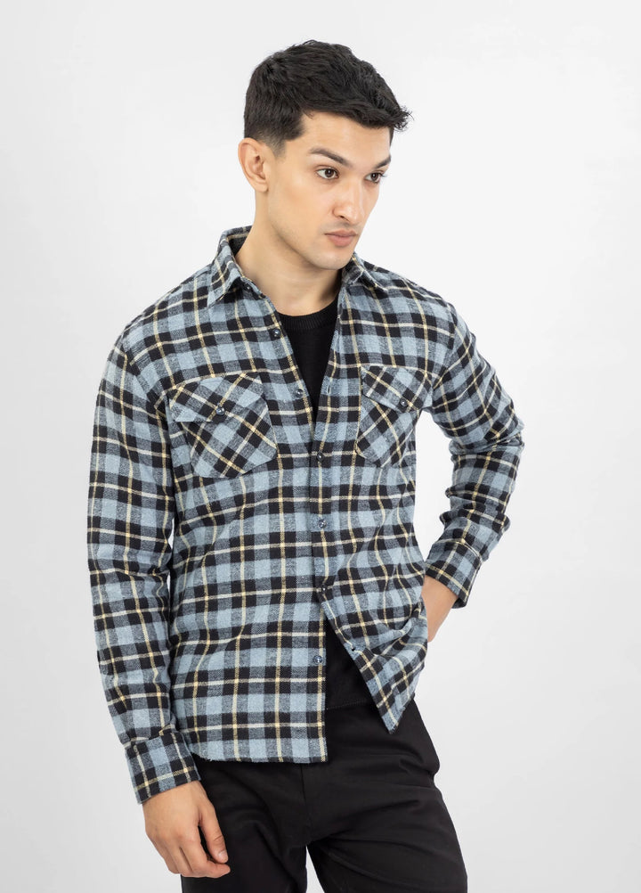 Brumano Ready To Wear Shirts Men 1 Piece Cotton Blue & Black Heavy Flannel Checkered Shirt 0-31-025-3923 - Summer Collection