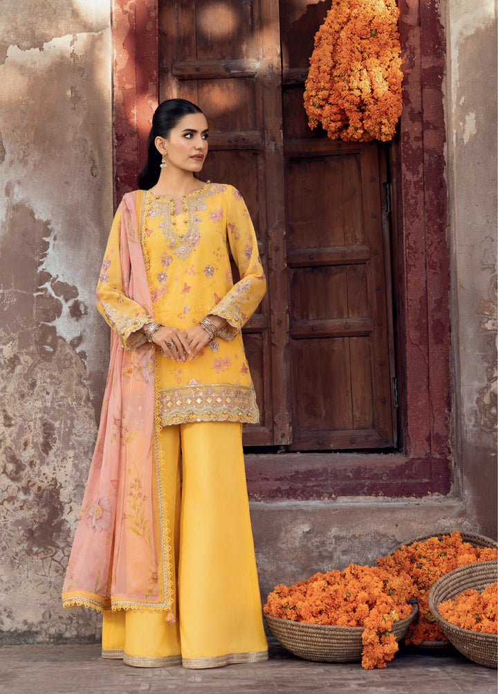 M basics by Maria B Unstitched Organza Embroidered Suits 3 Piece MB25WF D-804 Yellow - Winter Collection