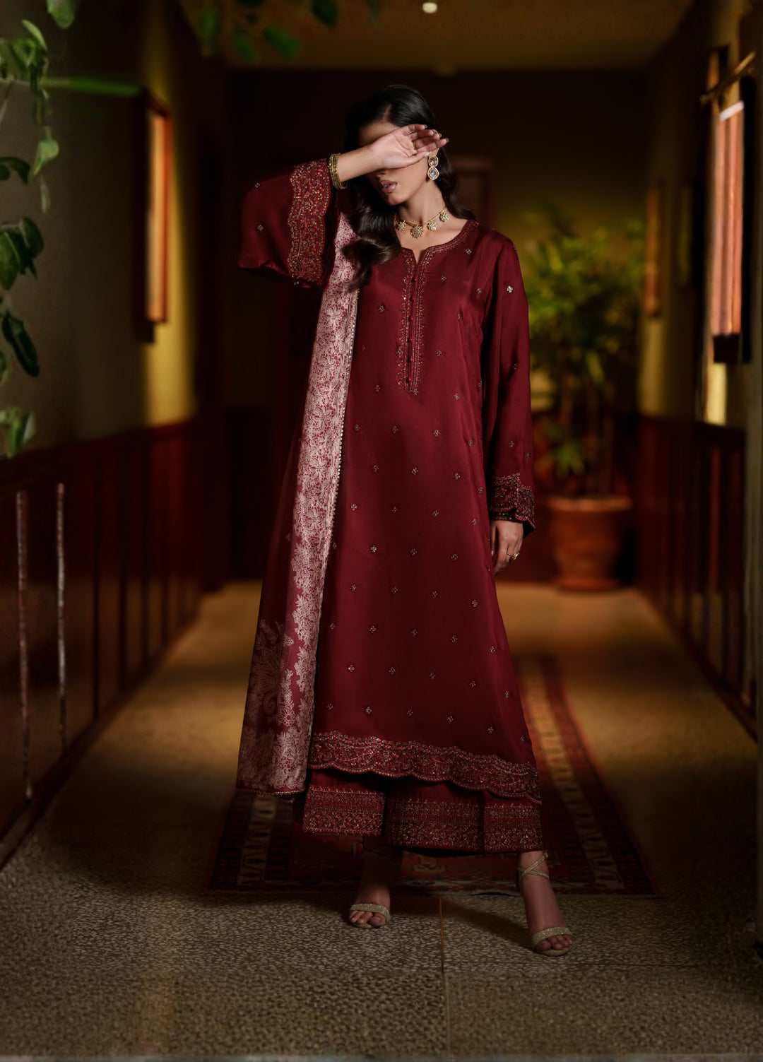 Elara by Casuallite RTW Embroidered Silk Viscose 3 Piece Suit CL26PSE D1 Aurelia Wine - Festive Collection