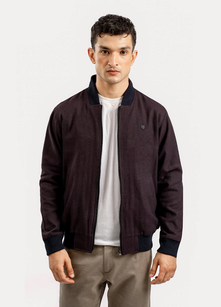 Brumano Pret Solids Polyester 1 Piece Burgundy Herringbone Structured Bomber Jacket
