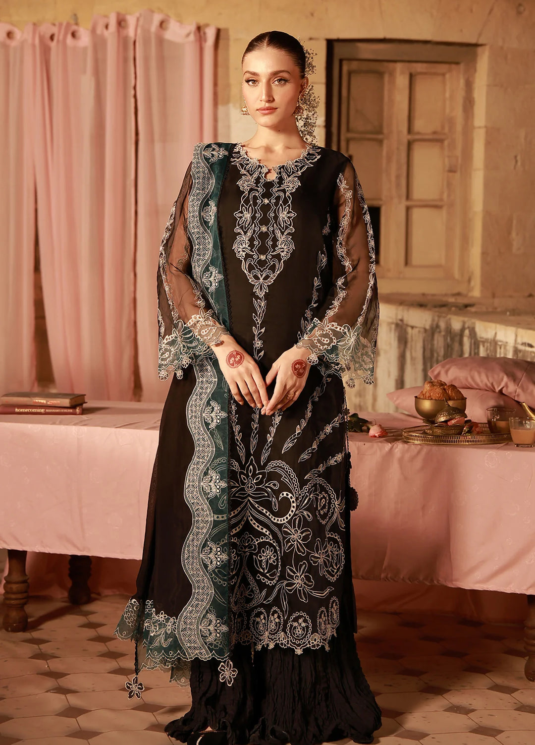 Sahar Unstitched Embroidered Organza Midnight Opulence 4 Piece Suit SS1-26-FE-03 - Summer Collection