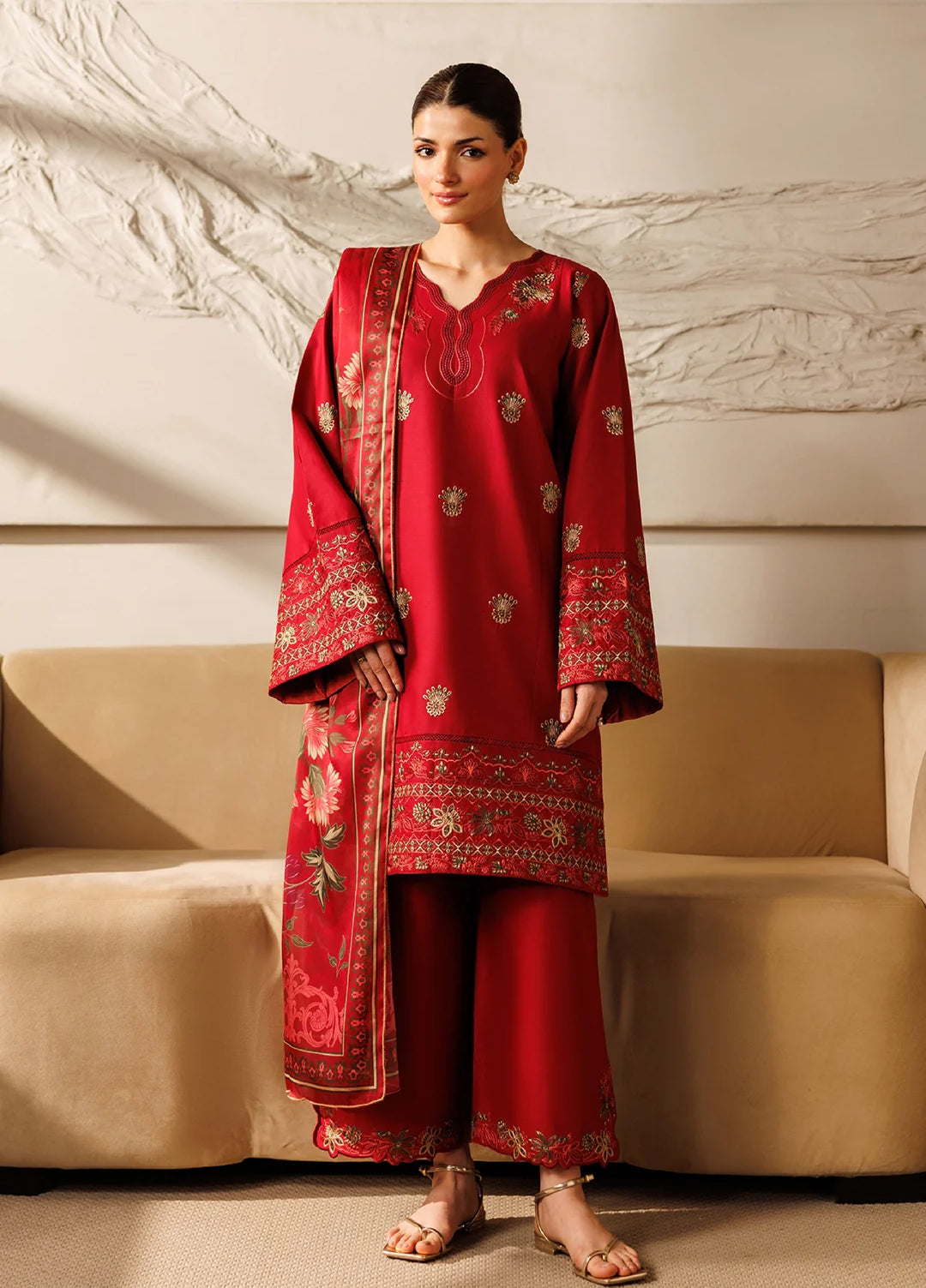 Mistfall Ramadan Edit by Panache Women RTW Embroidered Cotton 3 Piece Terracotta - Casual Collection