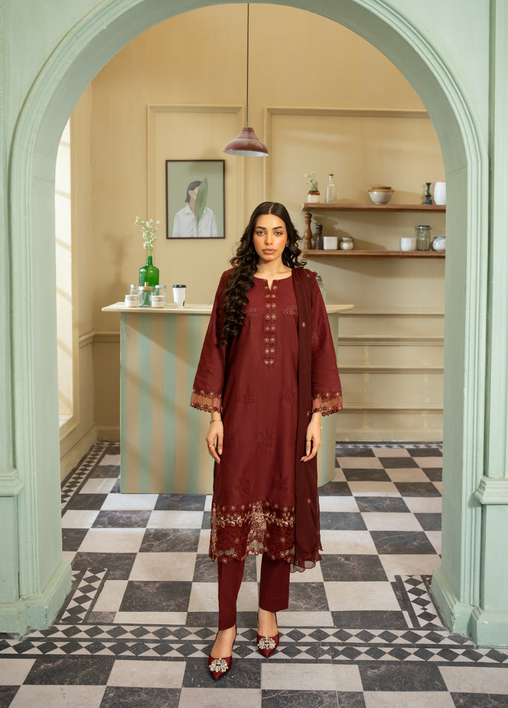 Naaz Couture Women RTW Embroidered Lawn 3 Piece Suit NC26RLC Maroon - Casual Collection