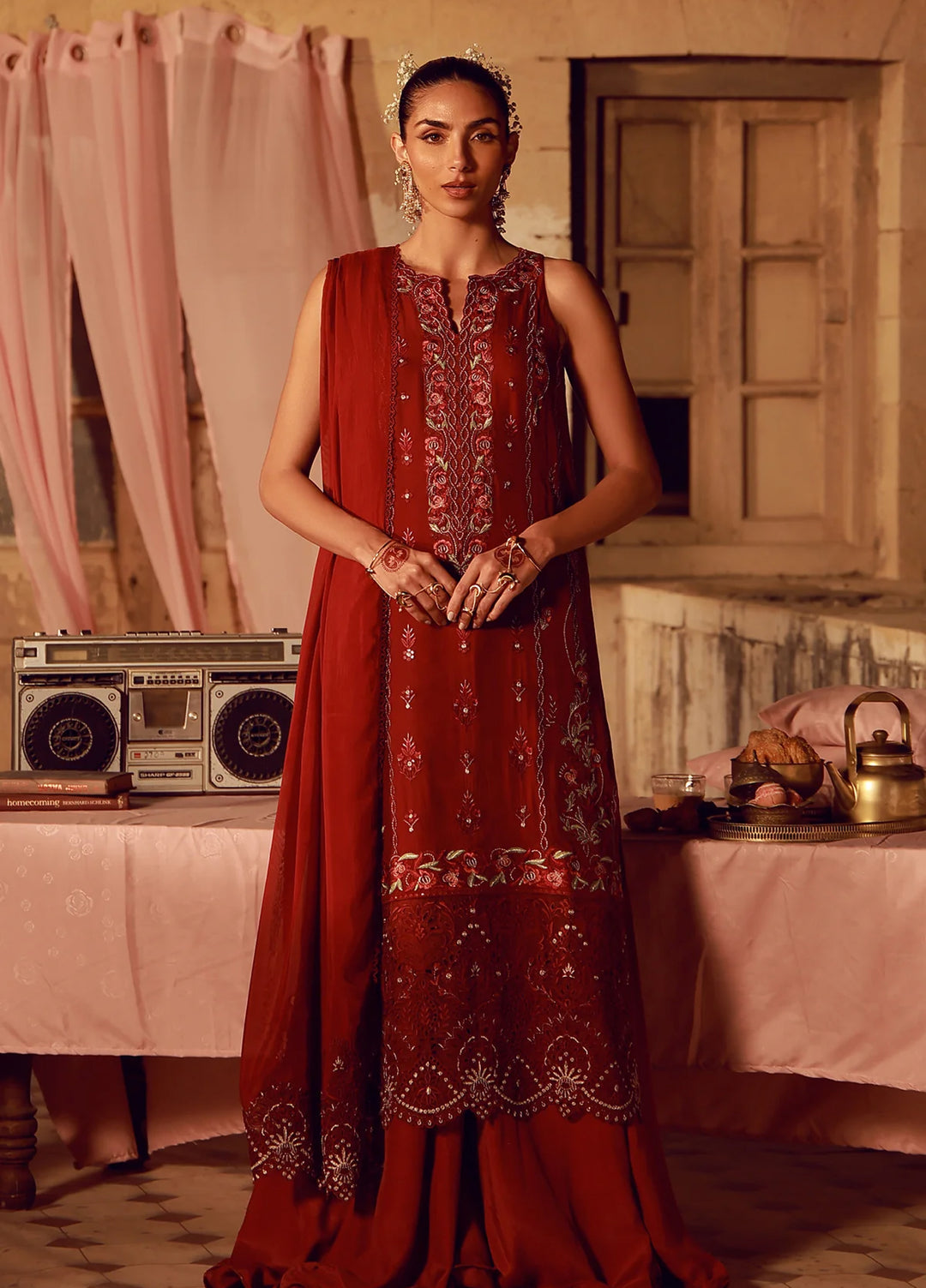 Sahar Unstitched Embroidered Chiffon Crimson Carnival 4 Piece Suit SS1-26-FE-05 - Summer Collection