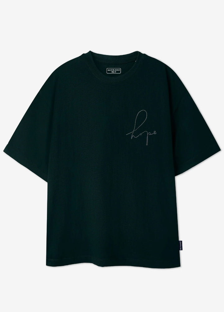 Brumano Cotton Printed Men - Dark Green Oversized T-Shirt With Minimalist 'Hope' Embroidery