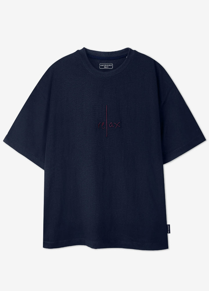 Brumano Cotton Printed Women - NavyBlue Oversized T-Shirt With Minimalist 'Relax' Embroidery - Women