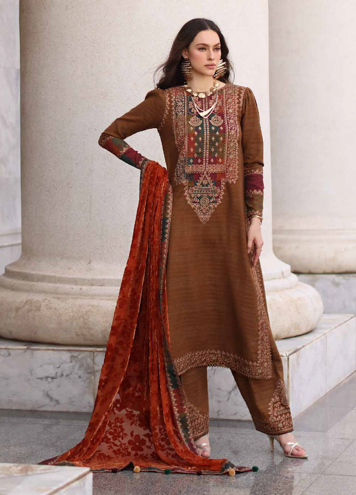 Poshima by Charizma Unstitched Peach Leather Embroidered Suit with Velvet Shawl 3 Piece CRZ25LW PSW5-18 - Winter Collection