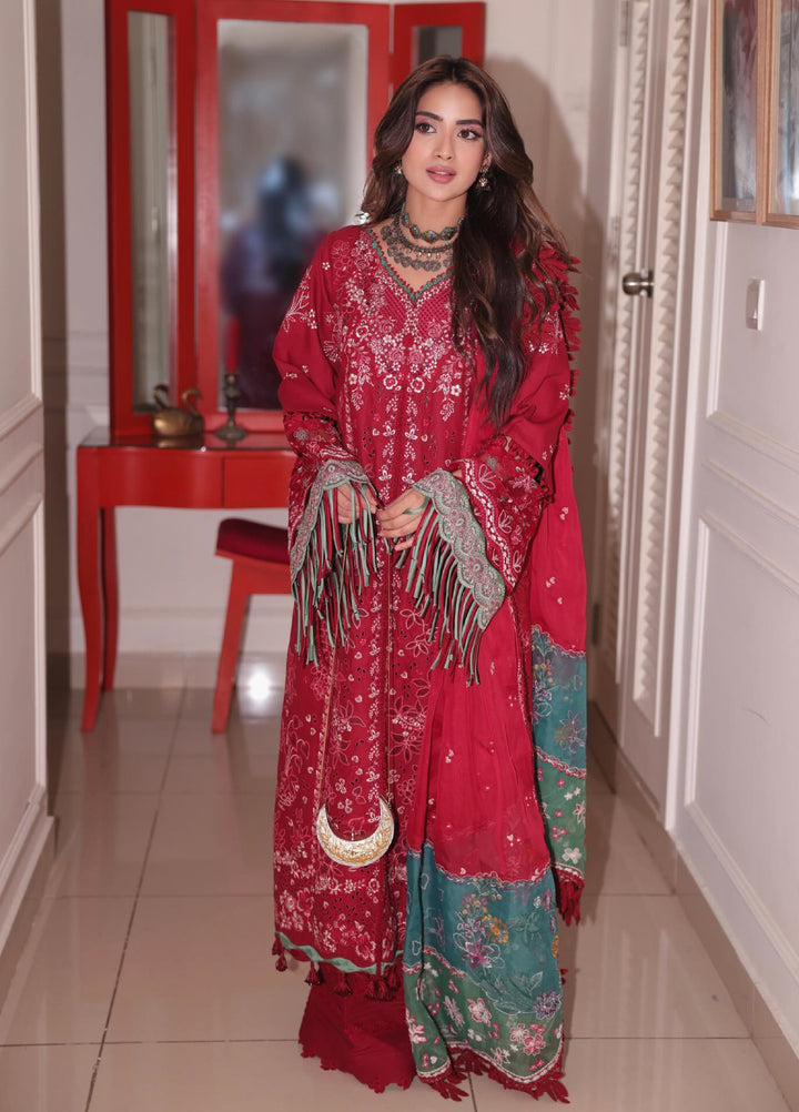 Camelia by Sundas Ahad Unstitched Embroidered Luxury Lawn 3 Piece Suit SNA26UC EL-02 Red Rouge - Festive Collection