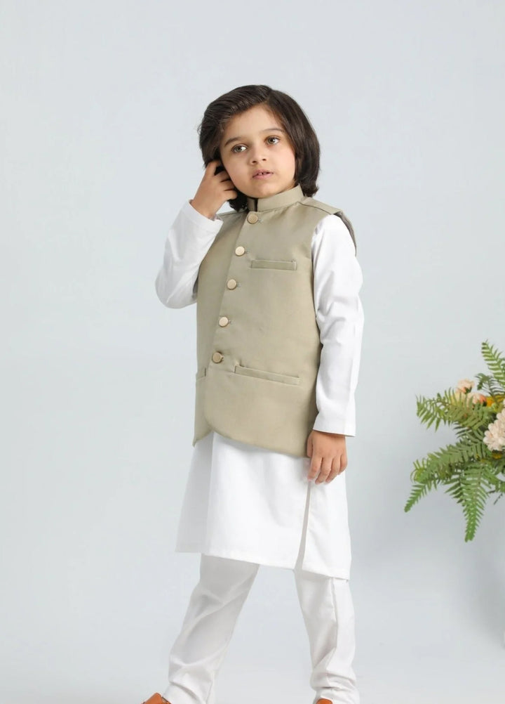 Muraqsh Ready To Wear Solids Cotton Boys Off White Kurta Trouser with Beige Suiting Waistcoat MUR-BOW - Summer Collection
