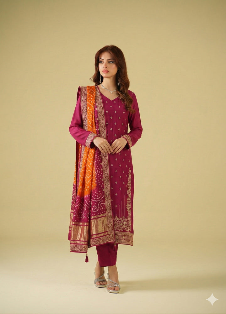 Satrang by Zouj Unstitched Chunri Chiffon Embroidered Suits 3 Piece ZJ25SC ZJCH-0033 Pink - Festive Collection