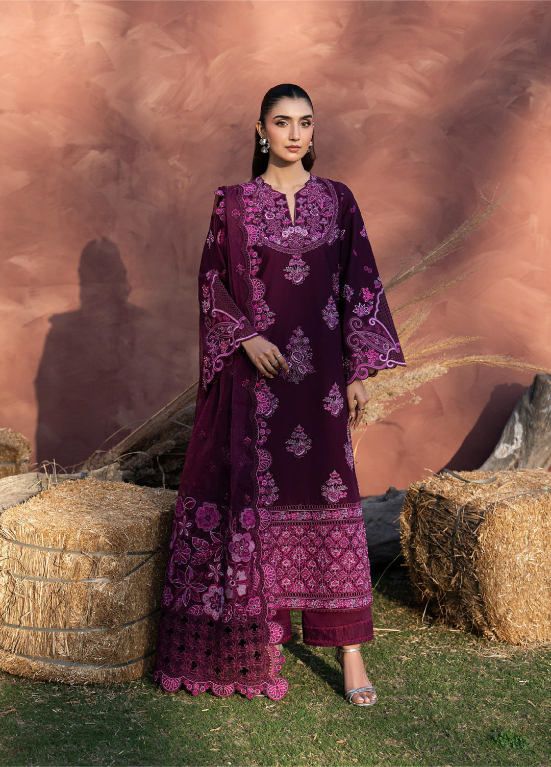 Aura of Flora by Zarizaa Unstitched Embroidered Luxury Lawn 3 Pcs Suit ZZ26UAFL ZA10-3ULE10B-2602 BERRY - Summer