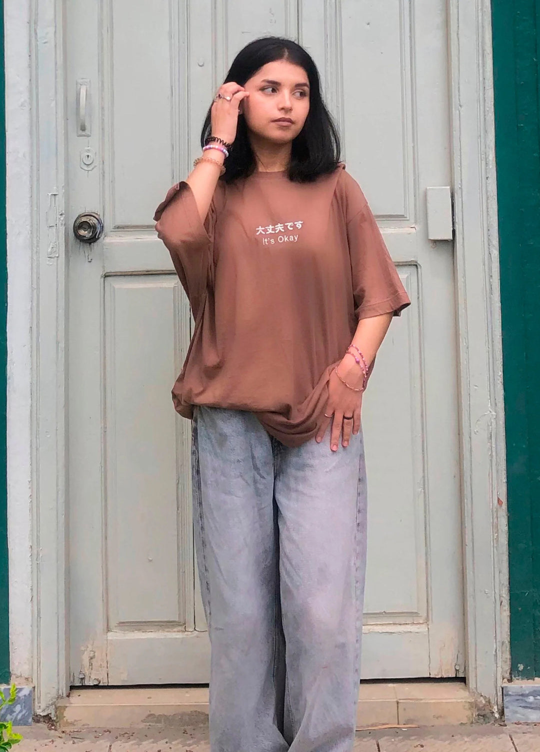 Brumano Cotton Printed Women -Brown Oversized T-Shirt With Minimalist 'Its Okay' Embroidery - Women