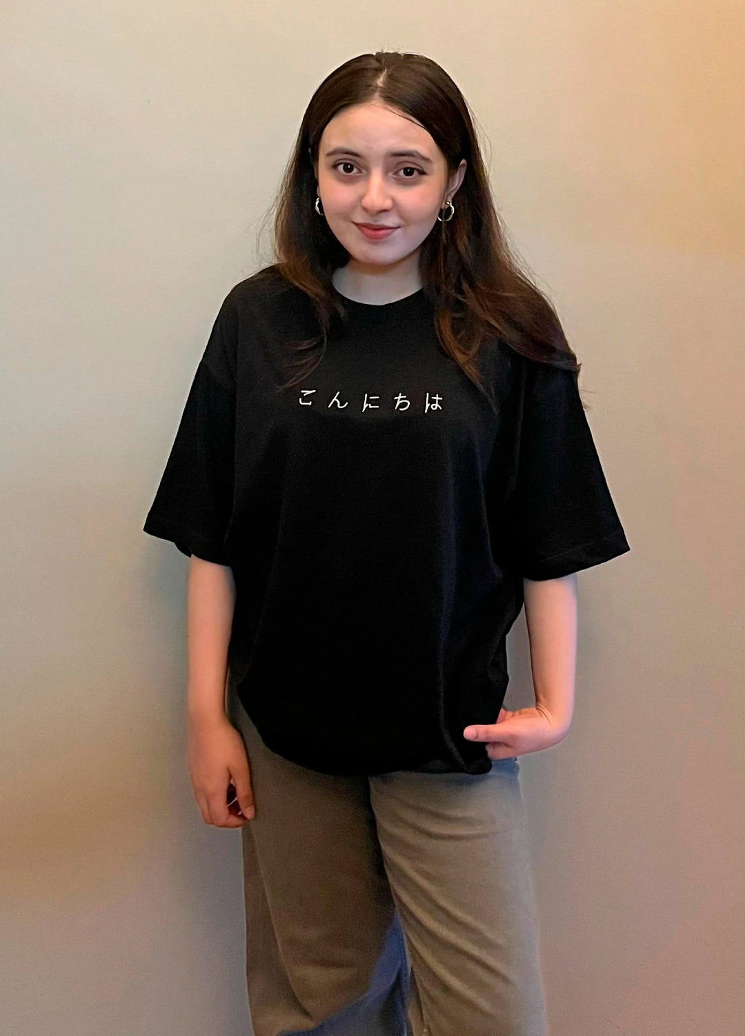 Brumano Cotton Printed Women -Black Oversized T-Shirt With Minimalist 'Hello' Embroidery - Women