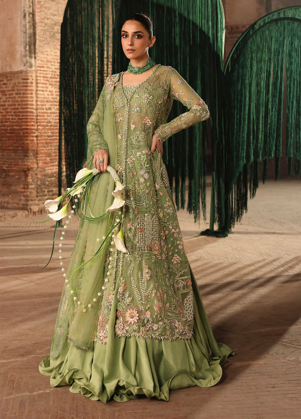 Crimson Unstitched Embroidered Poly Net 3 Piece Suit CR26UW D-5 Matwali Mint - Festive Collection