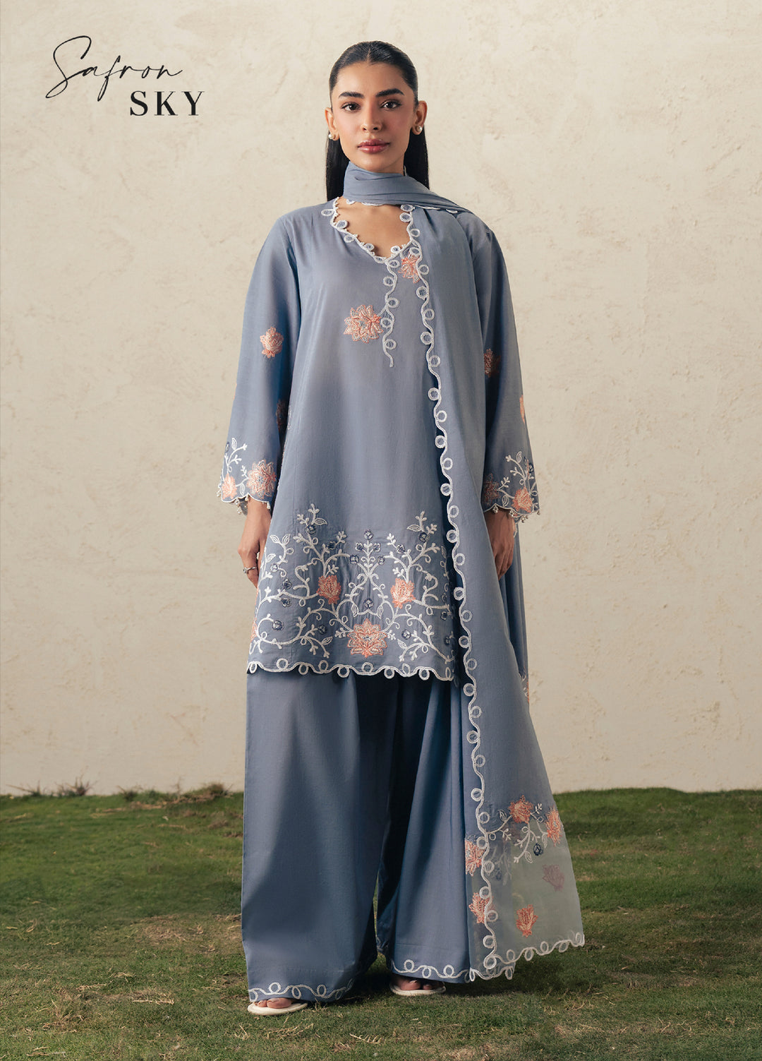 Moonsoon Edit by Cross Stitch Unstitched Embroidered Cambric 3 Piece Suit CS26UCM Safron Sky - Casual Collection