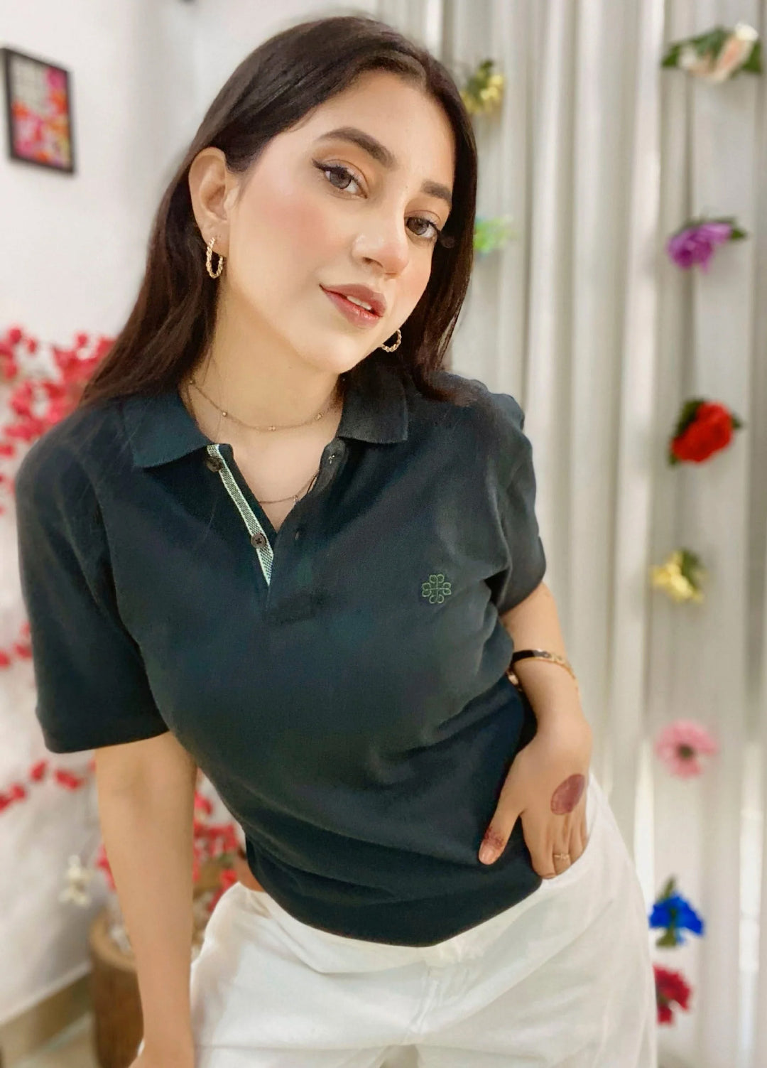 Brumano Solids Dark Green 100% Cotton Pique Polo - Women