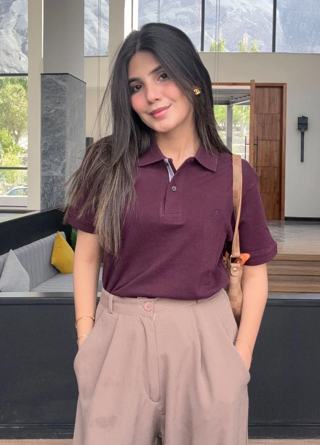 Brumano Solids Burgundy 100% Cotton Pique Polo - Women