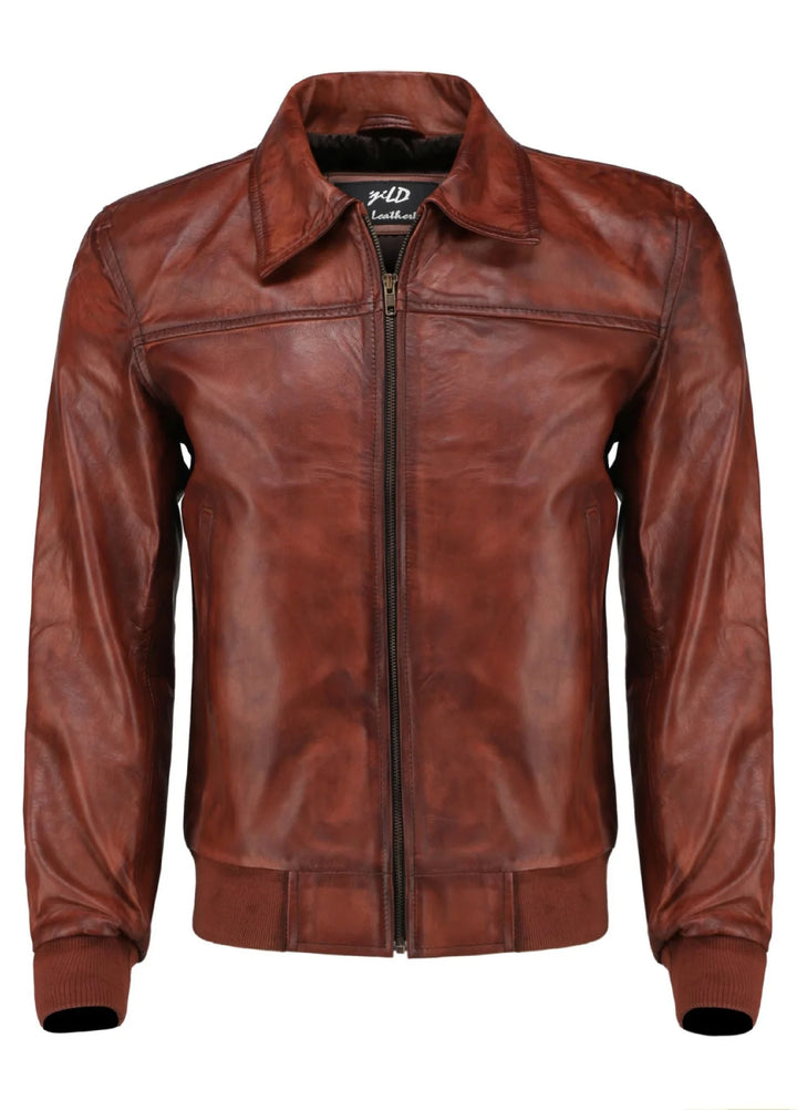 Jild Bomber Jacket Solids Mens Zipper Vintage Bomber Polo Leather Jacket Brown - Winter Collection