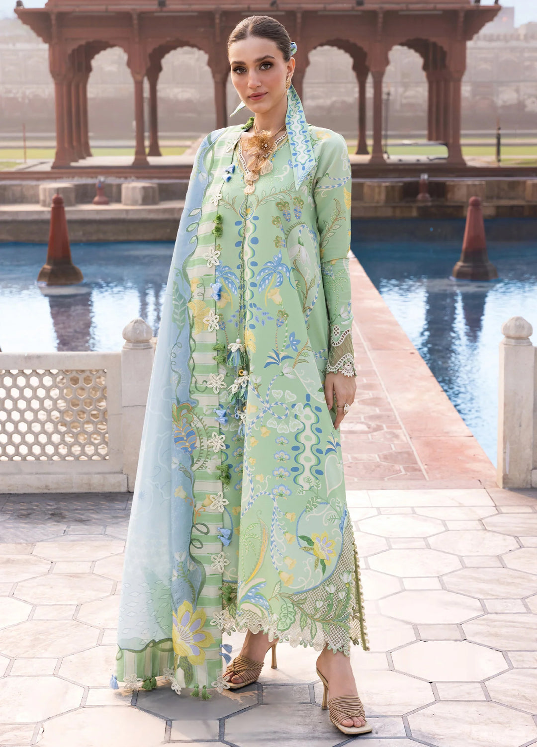 Flow by Crimson Unstitched Embroidered Lawn 3 Piece Suit CR26UFL D6 B-Apple Green - Festive Collection