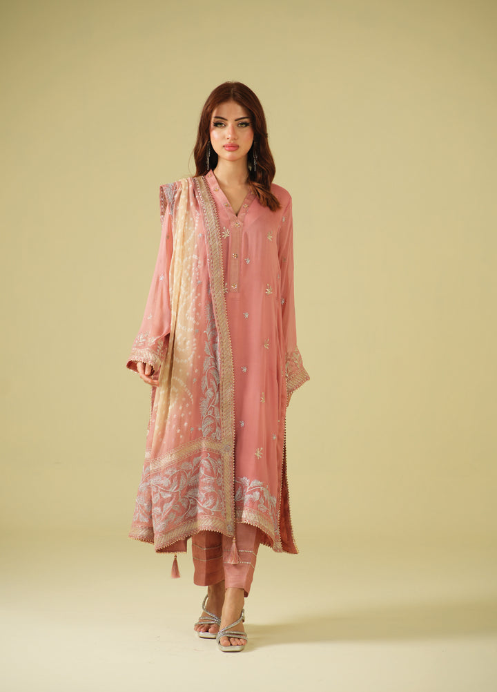 Satrang by Zouj Unstitched Chunri Chiffon Embroidered Suits 3 Piece ZJ25SC ZJCH-0031 Peach - Festive Collection