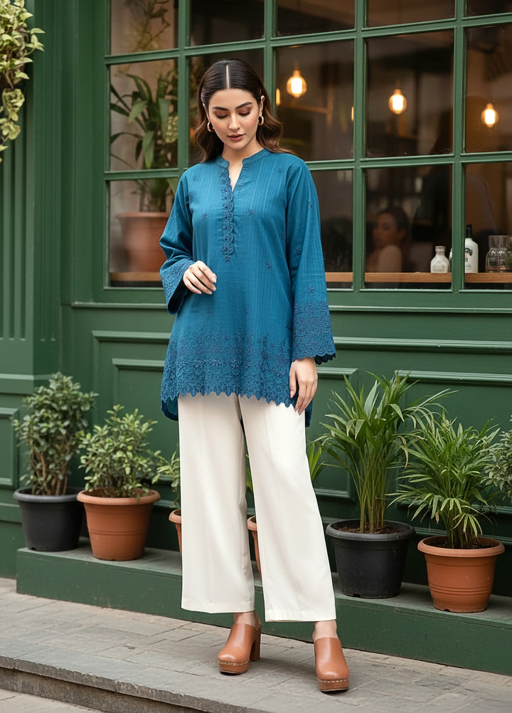 Lakhany Women Pret Embroidered Cambric Shirt  Teal - Winter Collection