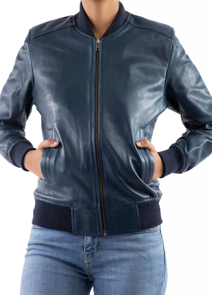 Jild Bomber Jacket Solids Womens Bomber Leather Jacket Blue - Winter Collection